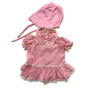 Vintage Dotty Dan Pink Baby Dress Bonnet Set Lace Ruffle Girls Infant Outfit 60s